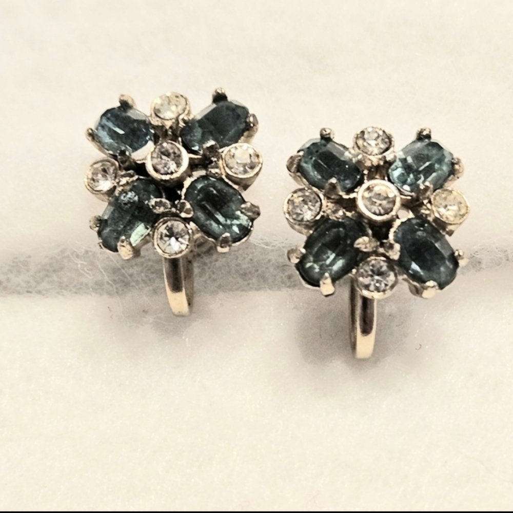 Vintage Blue and Clear Rhinestone Flower Screw-Back Earrings